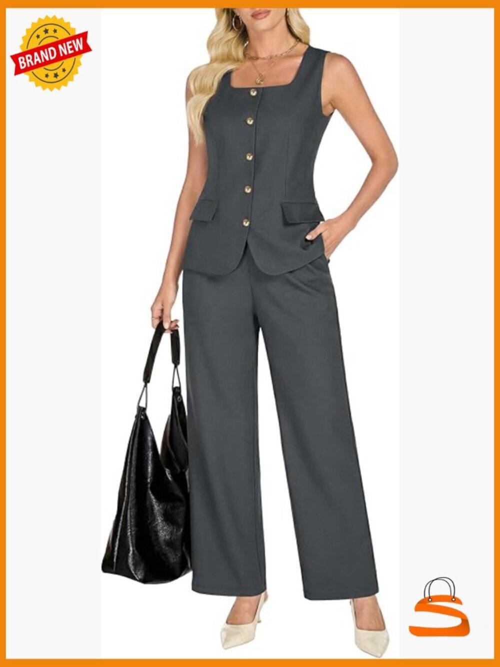 Women's Dressy Two Piece Pantsuit - Sleeveless Blazer Vest Wide Leg Pants